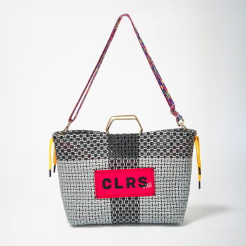Tote bag "Dusk" in deep tones, handwoven from recycled plastic with golden hardware and cotton pouch, by CLRS by SAAT.