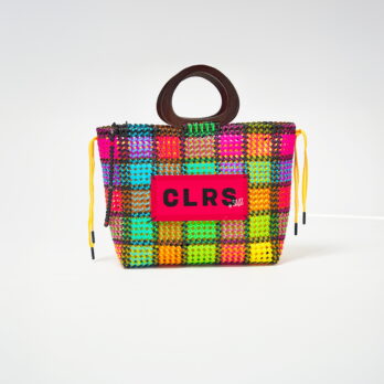Multicoloured "Multi" tote bag with golden rings, adjustable strap and cotton pouch, handwoven by South Indian artisans for CLRS by SAAT.