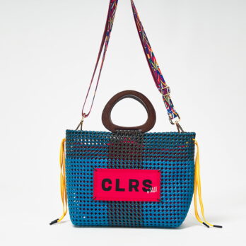 Handwoven blue tote bag "Sea" with wooden handles and adjustable strap, crafted from recycled plastic by CLRS by SAAT.